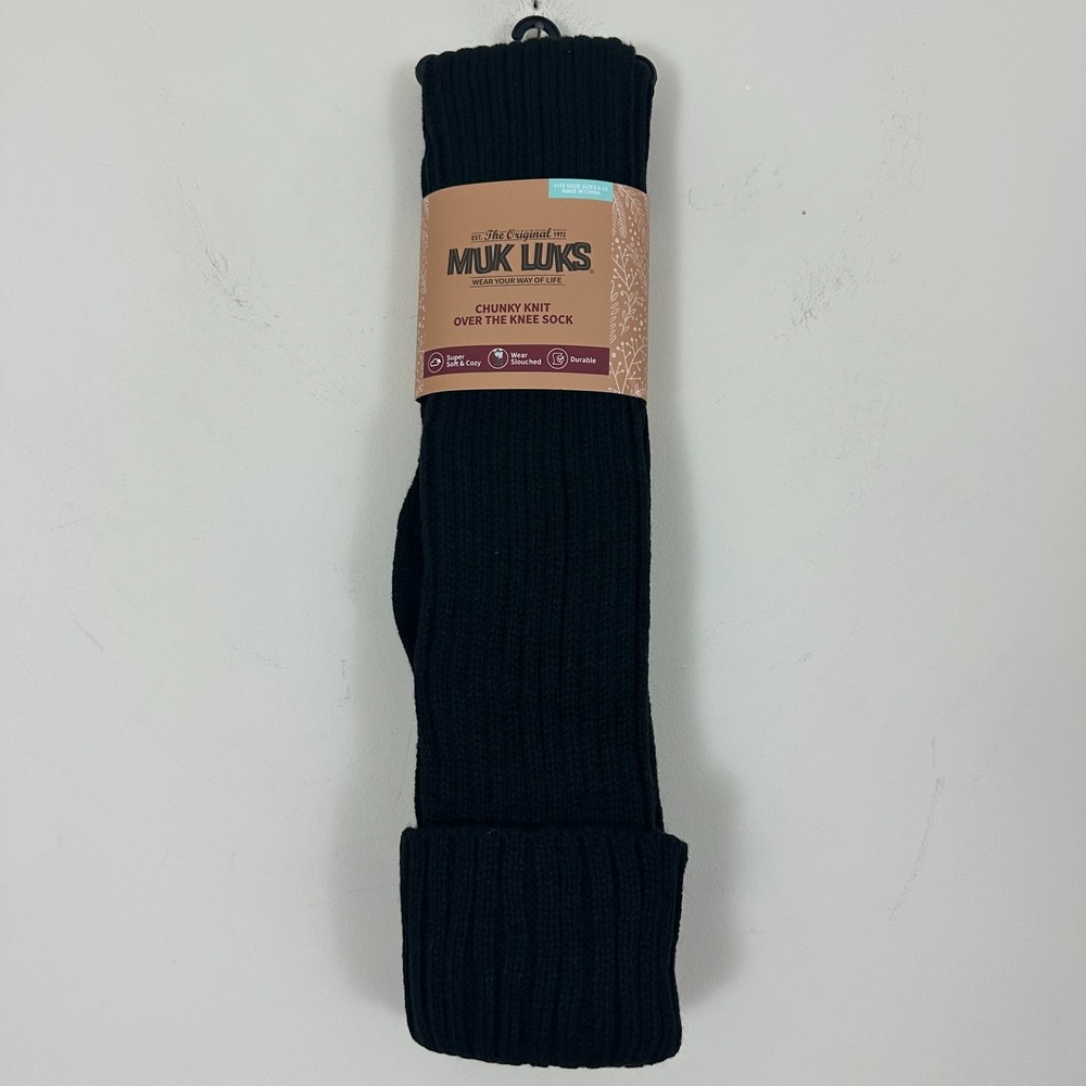 MUK LUKS Chunky Ribbed Knit Over The Knee Socks Black Super Soft Womens 6-11